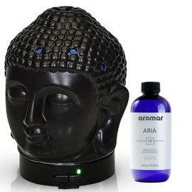 Budha Head Aromatherapy Essential Oil Diffuser with 7 Color LED Lights, Ultrasonic Humidifier, and Auto Shut-Off. for Home, Office, Yoga, Meditation Decor - Zen Statue Set, Plus 2oz Scent Oil (Black)