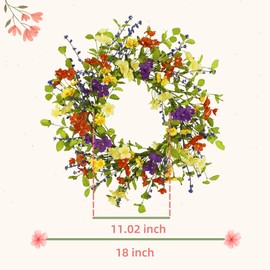 YNYLCHMX 18" Spring Wreaths for Front Door Summer Wreath with Colorful Wild Flowers Dicotyledons Berries, Artificial Wreath Green Foliage Wreath for Wall Window Farmhouse Party Holiday Home Decor