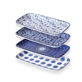 Cerkik Ceramic Rectangular Serving Platters - 12 Inch Large Rectangle Serving Trays Dinner Plates for Charcuterie, Dessert, Fruit Appetizer for Party Entertaining - Set of 4 - Vintage Blue