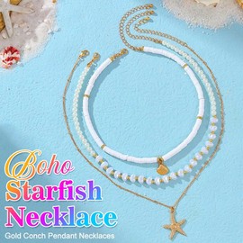 Zoestar Boho Pearl Layered Necklace Gold Starfish Pendant Necklaces Beaded Seashell Beach Necklace Chain for Women