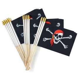 Newperlite Pirate Jolly Roger Stick Flag with Red Bandana Small Mini Hand Held Flags - Solid Wooden Pole and Spear Top,12 Pack, 5x8 Inches