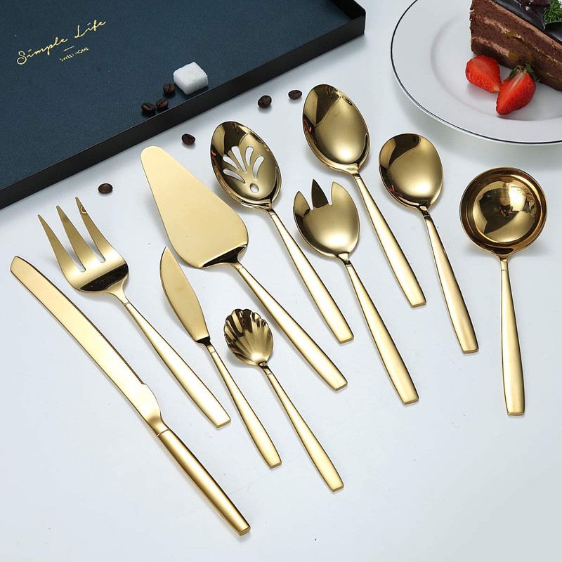 Berglander Gold Serving Utensils 10 Pieces, Titanium Golden Plating Serving