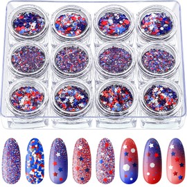 12 Boxes 4th of July Nail Glitter Independence Day Patriotic Nail Art Star Sequins Holographic Red Blue Silver Mixed Sparkly Sequins for Women Girls Decoration