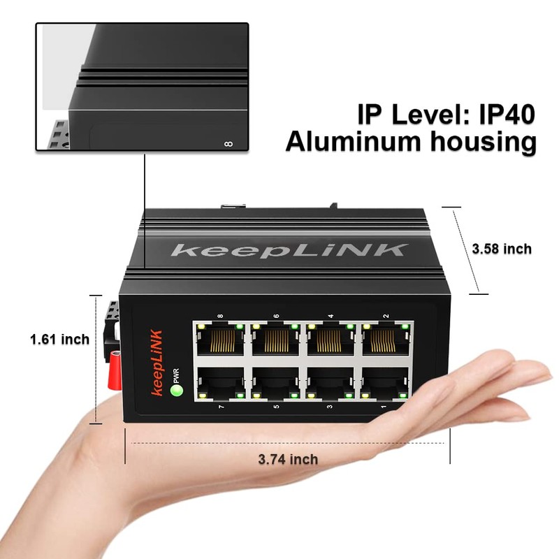 8-Port Industrial Ethernet Switch, Unmanaged 10/100Mbps DIN-Rail Network Switch, IP40,