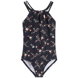 Kanu Surf Girls' Jasmine Beach Sport Halter One Piece Swimsuit, Rose Garden Black, 5
