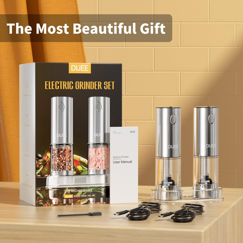 DIJEE 2Pack Electric Salt and Pepper Grinder Set with Tray