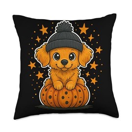 Cute Golden Retriever in Beanie Pumpkin Cozy Fall Autumn Throw Pillow