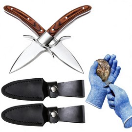 Verahaus Oyster Shucking Kit 2 Pack with Gloves & Blade Guards, Stainless Steel Oyster Knife Shucker Set with Wood Handle for Clams Shellfish, Professional Opener Tool