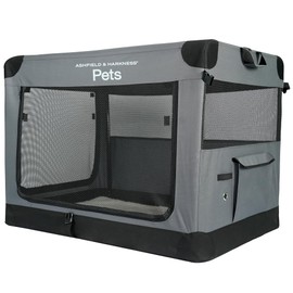 Ashfield & Harkness: Collapsible Soft Dog Crate - 42" - Gray, Sherpa Lined Mat, Durable Mesh Windows, Portable Foldable Pet Kennel, Indoor & Outdoor