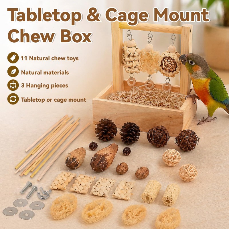 Wooden Bird Parrot Foraging Toys Box with Perch Stand, Cage