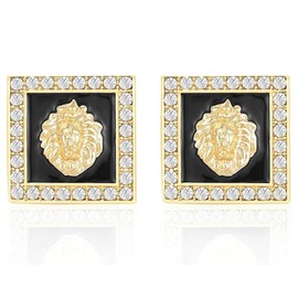 Hip Hop Square Lion Head Crystal Stud Earrings for Women Black Enamel Rhinestones Africa Animal Jewelry (Gold)