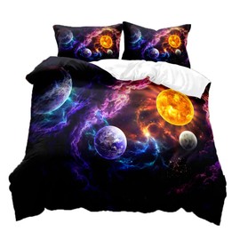 CIUNVXD Children's Space Themed Bedding Set, Planet Bed Linen, 135 x 200, 3D Space Starry Sky Universe Children's Bed Linen, Planet, Night Sky, Universe Duvet Cover