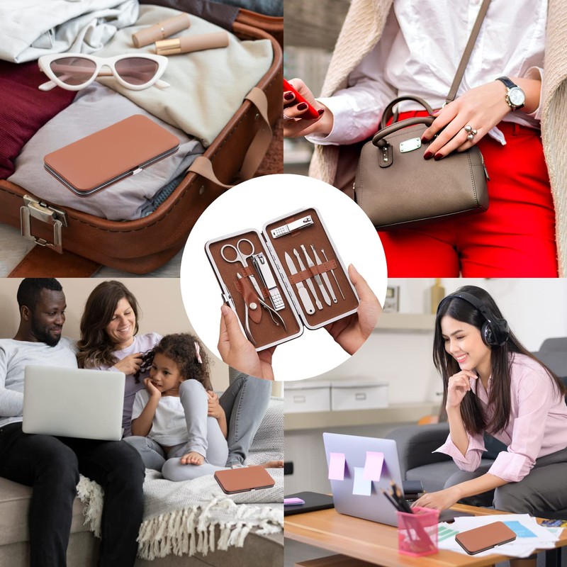 Familife Juego de manicura de cuero marrón 9 piezas