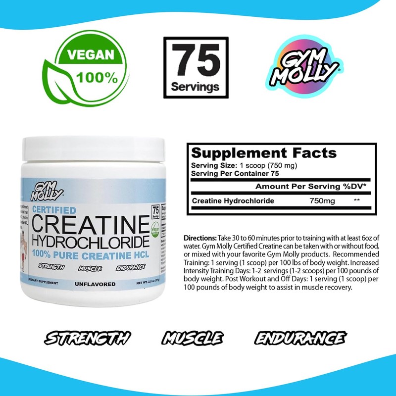 Gym Molly Creatine Hydrochloride Powder, Highly Soluble Creatine Hydrochloride, Unflavoured,
