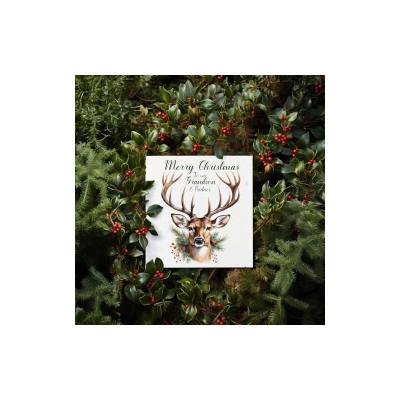Christmas Stag Grandson & Partner Card - Wildlife Xmas Family