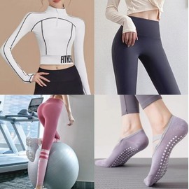 Yoga Wear Leggings & Yoga Socks Collection / Fitness Cover-Up Crop Top (Padded) Gym Workout Top with Stretch for Body Coverage 04 Two-Stripe Non-Slip Orange 4ea