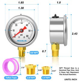 MEANLIN MEASURE 0~60Psi Stainless Steel 1/8" NPT 1.5" FACE DIAL, Glycerin Filled Pressure Gauge, Liquid Filled, Water Oil Air, Lower Mount, with 1/8" x 1/4" NPT and 1/8" x 3/8" NPT Hex Bushing