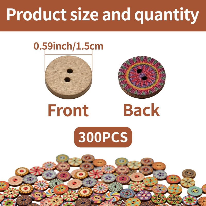 300 Pcs Wooden Buttons for Clothes, 15mm 2 Holes Round
