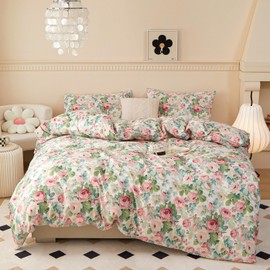 Vintage Floral Duvet Cover Twin 3 Pieces Rose Flower Comforter Cover Garden Pink Flower Leaves Print Bedding Set Cotton Cottagecore Botanical Duvet Cover with 2 Pillowcases without Filling