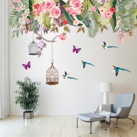 WOHAHA Wall Sticker, Stylish, Plant, Flower, Wall Sticker, Green, Scenery, Peony, Butterfly, Bird, Wall Sticker, Magpie, Bird, Bird, Wallpaper Sticker, Removable, Stylish, Scandinavian Leaves,