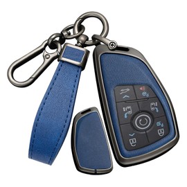 SANRILY PU Leather 3/4/5/6 Button Smart Key Fob Cover Fit for Buick Envision Avenir 2024 Fit for Chevy Suburban Tahoe Fit for GMC Yukon Denali Sierra Silverado Keyless with Keychain Black-blue