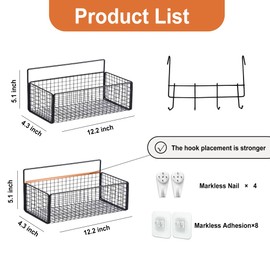 YICKHEWEN Metal Hanging Baskets 2-Pack - Wire Wall Storage Organizer with Hooks, Adhesive Shelves for Kitchen, Bathroom, Pantry (Spice Rack, Cabinet Organizer, Shower Caddy) Garage RV Black