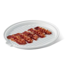 ONEMORE Microwave Bacon Tray Ceramic Bacon Cooker Meat Rack for Oven Cooking Crispy Bacon Maker - 11 inch Round Bacon Dish Plate, White