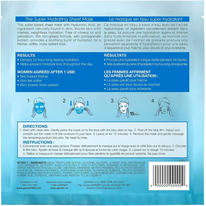 Garnier SkinActive Super Hydrating Sheet Mask, Hydrating, 1.08 Ounce
