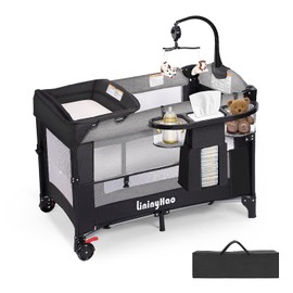 LININYHAO 3 in 1 Height Adjustable Baby Playard, Foldable Nursery Center with Music Box Toy Rack, Side Storage, Changing Table, Large Portable Playpen for Newborns and Toddlers（Gray）