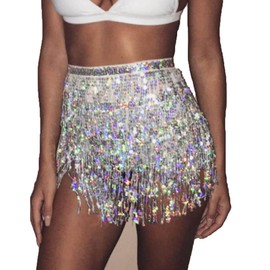 Grestal Falda de danza del vientre para mujer, con borla, bufanda, cinturón de lentejuelas, disfraz para mujeres y niñas (plata)