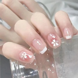 24PCS White Flower French Press on Nails – Short Square & Coffin Full Cover Acrylic Fake Nails with Glue, Elegant Stick on Nails for Women and Girls DIY Nail Art
