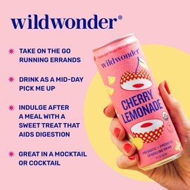 NEW! wildwonder Sparkling Probiotic Drink 12pk, For Gut Health & Immune Support, Cherry Lemonade, 5g Prebiotic Fiber, Live Probiotics, Organic, Vegan, Low Sugar, 12 Pack, 12oz Can, Seen on Shark Tank