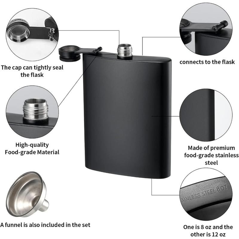2 Pack Hip Flasks for Liquor, 8 Oz & 12