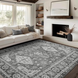 BEIMO 5x7 Rug for Bedroom Living Room Machine Washable Area Rug, Ultra-Thin Print Boho Vintage Aesthetic Carpet, Low Pile Mat with Non Slip Rubber Backing, Distressed Gray