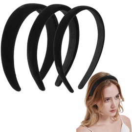 Esshogo Pack of 3 Velvet Headbands, Black, Satin Headbands, Padded Headbands, Padded Velvet Headband, Non-Slip Fashionable Hair Bands, Vintage Hair Accessories, Simple Headband for Girls