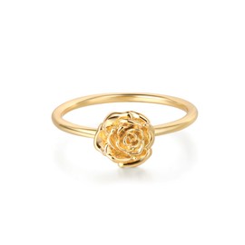 LADYGD Birth Flower Ring for Women 14K Gold Plated Floral Minimalist Stackable Rings Finger Jewelry Birthday Gifts 12 Month Rose - Size 7