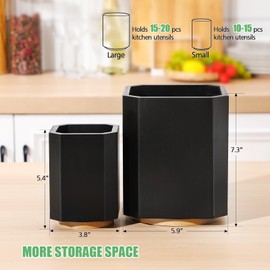 SiliFine 2 Pack Wooden Utensil Holder, 360°Rotating Kitchen Cooking Utensil Crock, Spoon Spatula Holder for Kitchen Counter, Farmhouse Countertop Organizer(Black,Square)