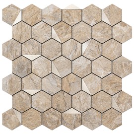 Bainley 10-Sheets Hexagon Peel and Stick Backsplash Tile, Stick on Backsplash for Kitchen and Bathroom, Light Brown PVC Mixed Metal Gold Self Adhesive Wall Tiles