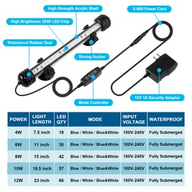 DaToo 4W 7.5inch Submersible Aquarium Light Underwater Fish Tank Light LED Aquarium Light Bar with Timer Auto On/Off and Dimmer Adjustable Brightness, 1 Yr Warranty