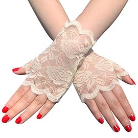 CENAST Women's Short Lace Gloves Fingerless for Driving Wedding Wrist Length Bridal Prom Gloves, Champagne#4, One Size