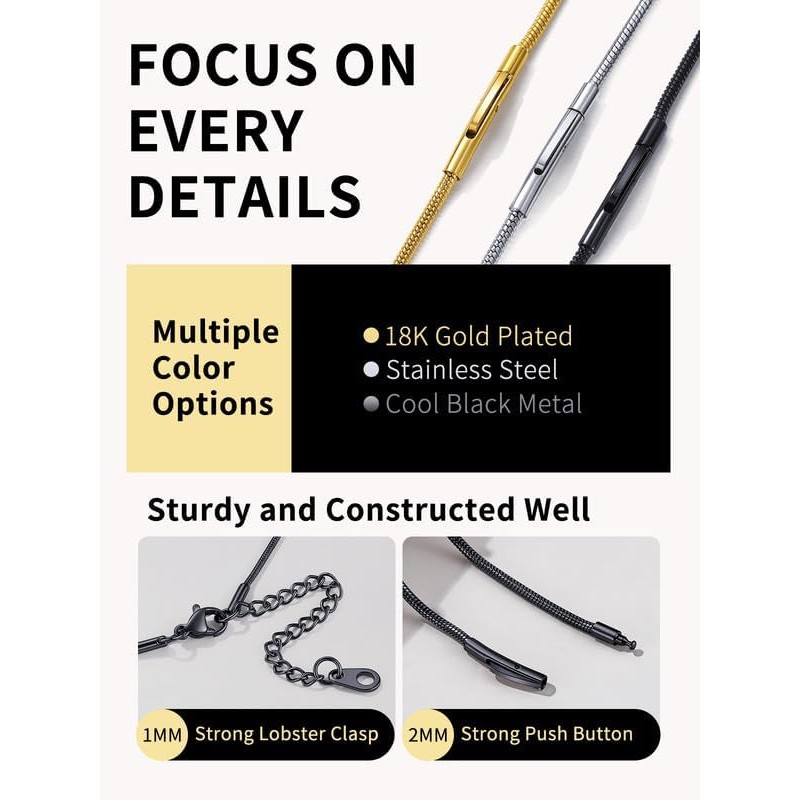 Snake Chain Necklace Stainless Steel Herringbone Link Chains 2mm 26