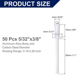 uxcell 50Pcs 5/32" x3/8" Aluminum Blind Rivets, Aluminum Grip and Steel Mandrel, Dome Head Long Split Rivets for Metal, Furniture, Automotive, White