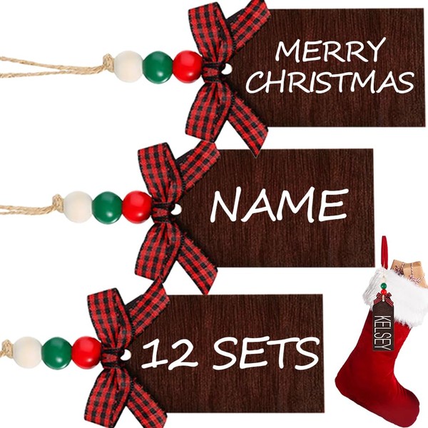 12 Sets Christmas Stocking Name Tags, Xmas Stocking Hanging Tag, Chalkboard Tags Wood Beads and Bow, DIY Name Sign Christmas Ornaments for Christmas Stockings Home Decor Farmhouse Decorations