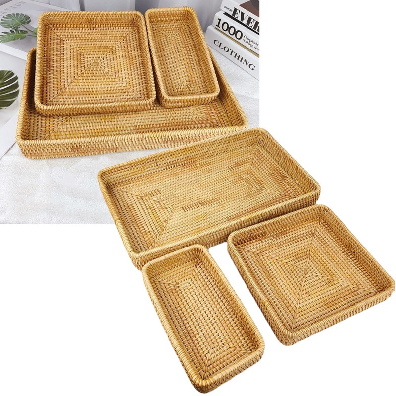 Rattan Tray Tabletop Organization Hand Woven Snack Storage Basket Multifunctional