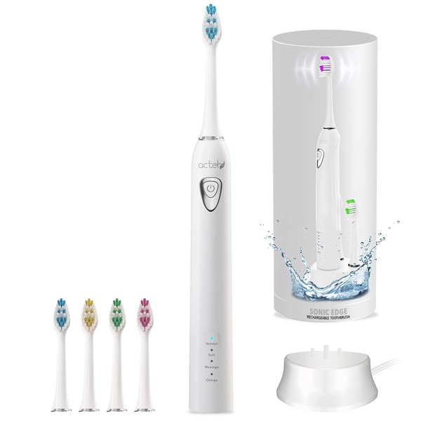 Sonic Electric Toothbrush, Rechargeable Toothbrush w/ 3 brushing modes, 2min. auto-timer, 30sec. quad-reminder and long-lasting, extended charge battery (White)