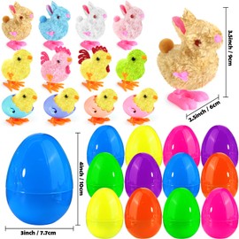 SURCVIO 12 Pack Jumbo 4" Easter Eggs Fillers with Wind Up Bunny Chicks Plush, Easter Basket Stuffers for Kids Party Favors for Kids Boys Girls Toddler Teens