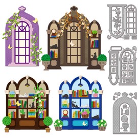 GLOBLELAND Cutting Dies with Library Window Frame for DIY Scrapbooking Metal Books Flowers Cutting Dies Cat Cutting Dies for Card Making Embossing Photo Album Craft Decor