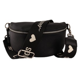 MIRROSI® Women's Bum Bag, Genuine Leather, Made in Italy, Shoulder Bag, Chest Bag, Crossbody Bag (1 Bag & 2 Straps), Black (Darling Black), bohemian