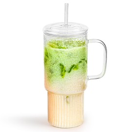 MINGHYZYA 32oz Glass Cups with Handle Lids and Straws, Borosilicate Glass Tumblers for Iced Coffee, Smoothies, Fruit Drinks. Reuseable Glasses Cups for Cold/Hot Water (glass lid 1 pack)