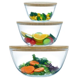 Glass Salad Bowls Set of 3 with Bamboo Lids & Utensils, Large Glass Mixing Bowls, Thick Glass Serving Bowls, 3pc Nesting Glass Containers with Wood Lids, Microwave Safe Glass Baking Bowls for Kitchen